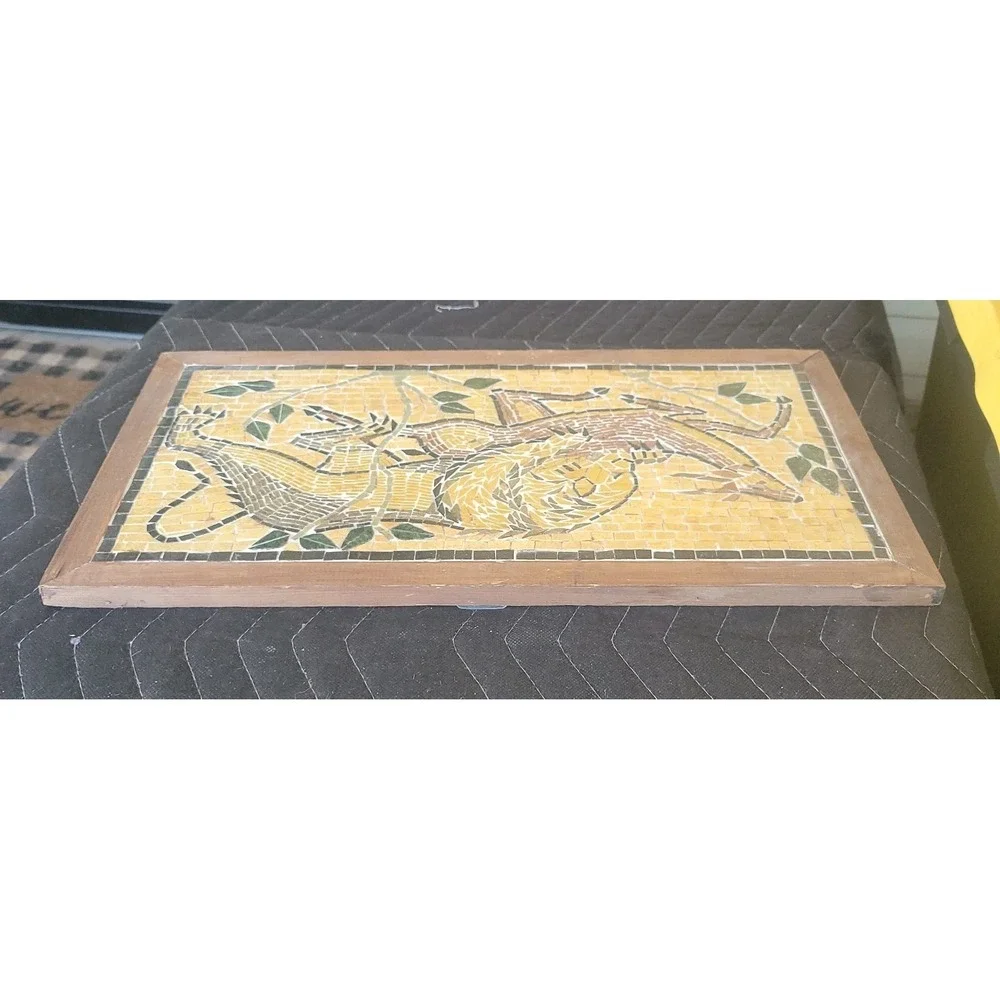 Vtg Mosaic Tile Lion And Prey Wooden Framed Wall Hanging Picture Scene